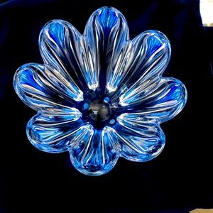 ORREFORS SWEDISH BLUE CRYSTAL FLOWER DISH